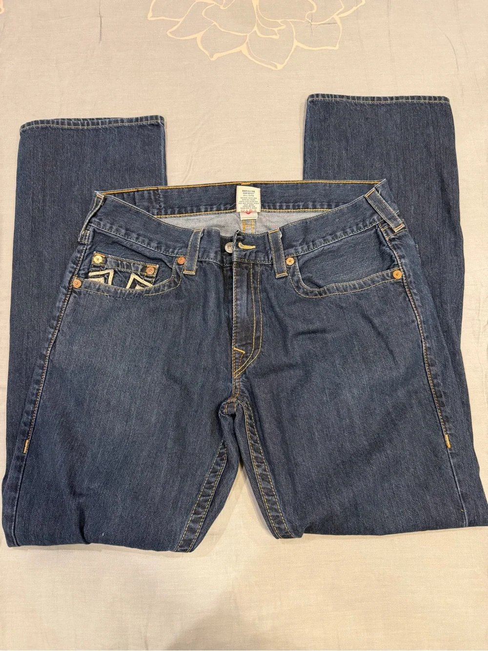 True Religion Men's Dark Blue Straight Jeans with White Pocket Trim